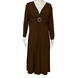 Evan Picone Brown Stretch Long Sleeve V Neck Pullover Style Midi Dress Sz 14